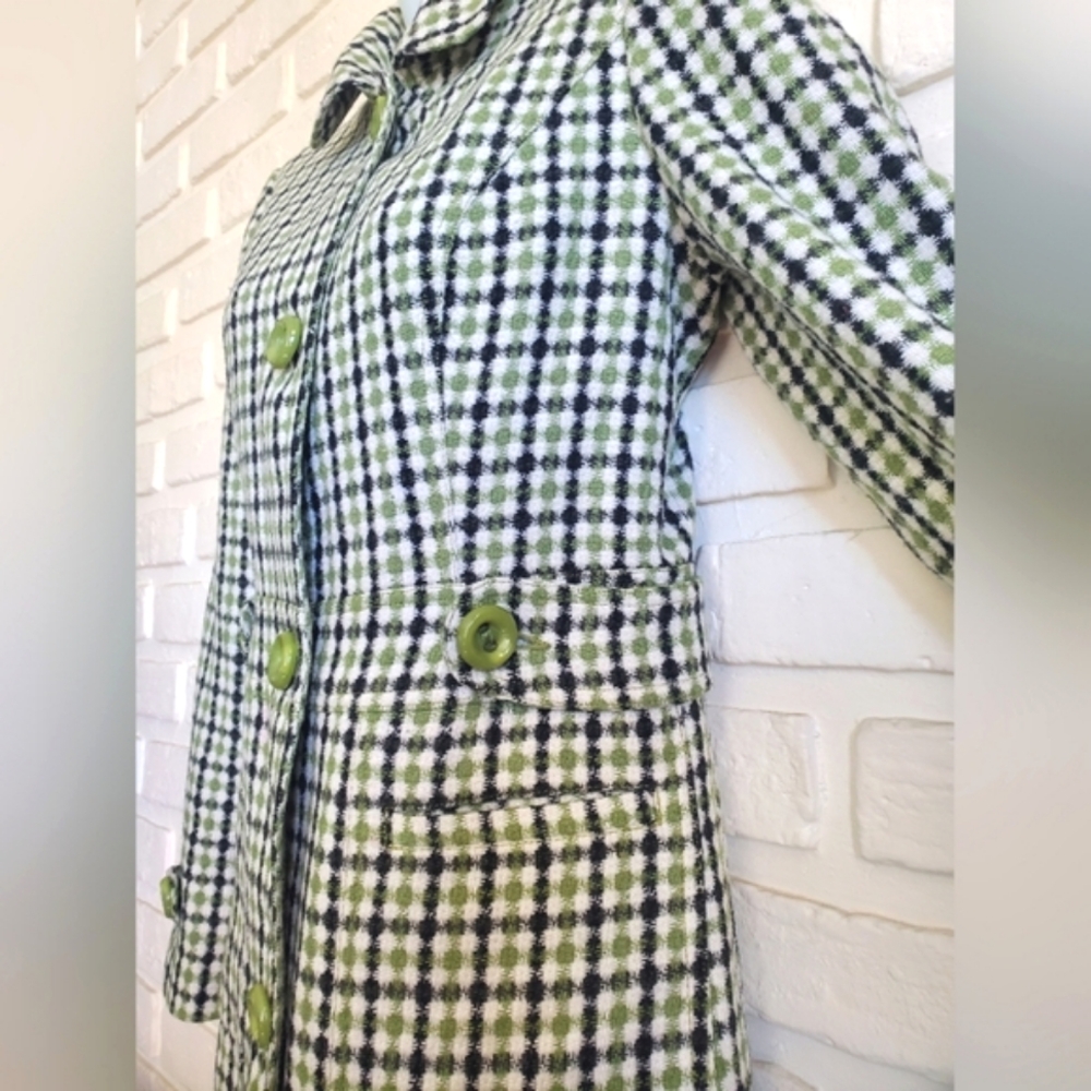 Retro Green Black Plaid 3/4 Length Tailored Coat Jacket Size Medium - Picture 10 of 16